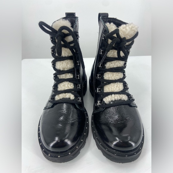 Sorel Lennox Cozy Lace Up Waterproof Rain Boots Women 6 Black White Wool Leather - Picture 2 of 8